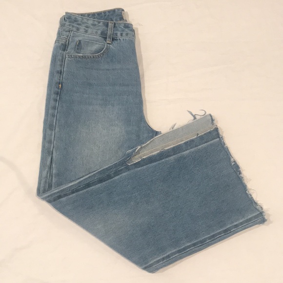 Blank Paige Denim Collection Wide Leg Mid Rise Med Wash Frayed Hem Slit Side S - Picture 12 of 16